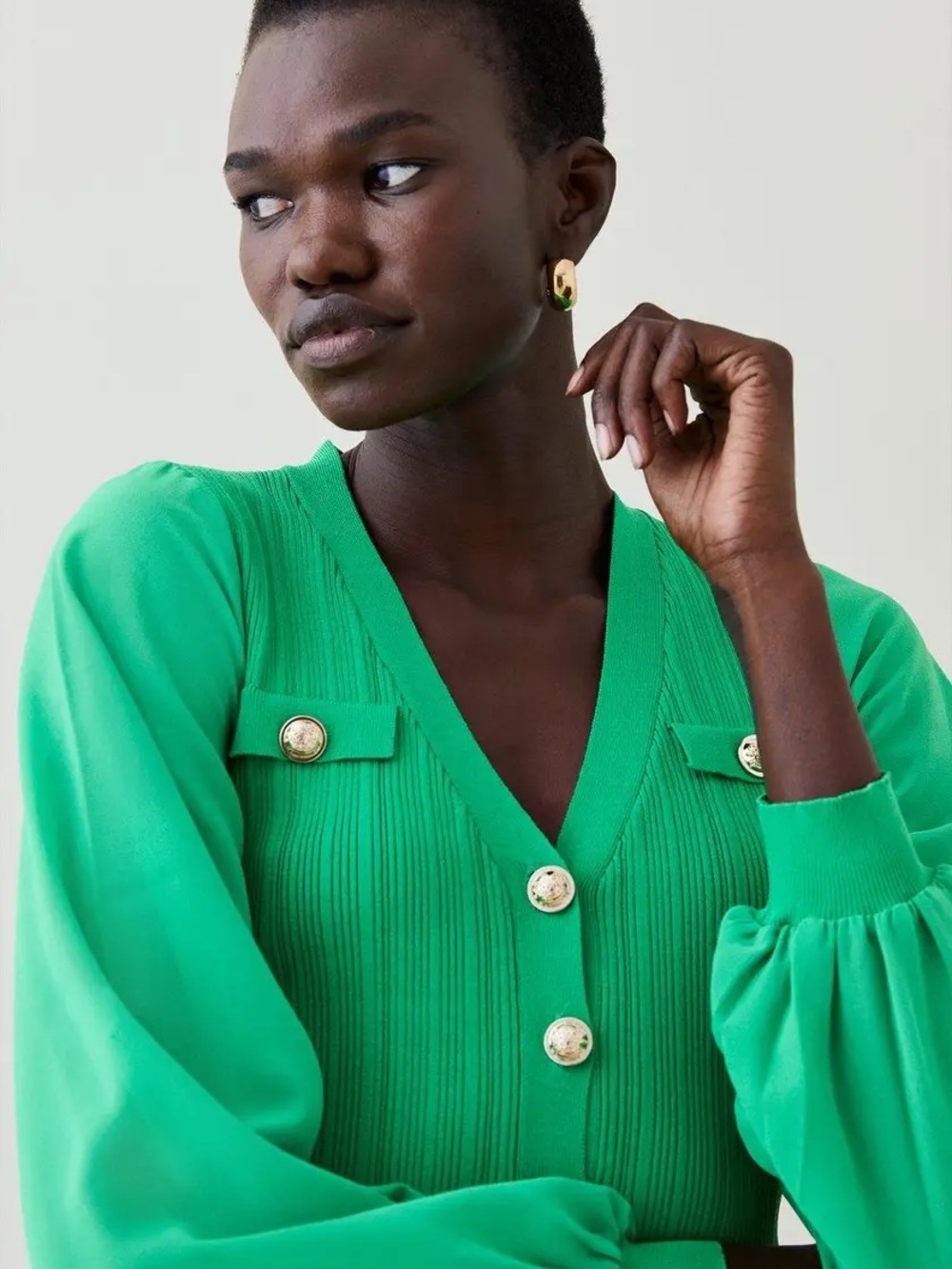 Karen Millen Green Plissé Rib Knit Cardigan Gold Button V-Neck Sweater NWT XXXL - Picture 10 of 12